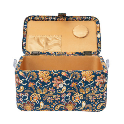 Grand panier à coudre SINGER, imprimé cachemire bleu marine avec ensemble de couture et coussin à épingles assorti
