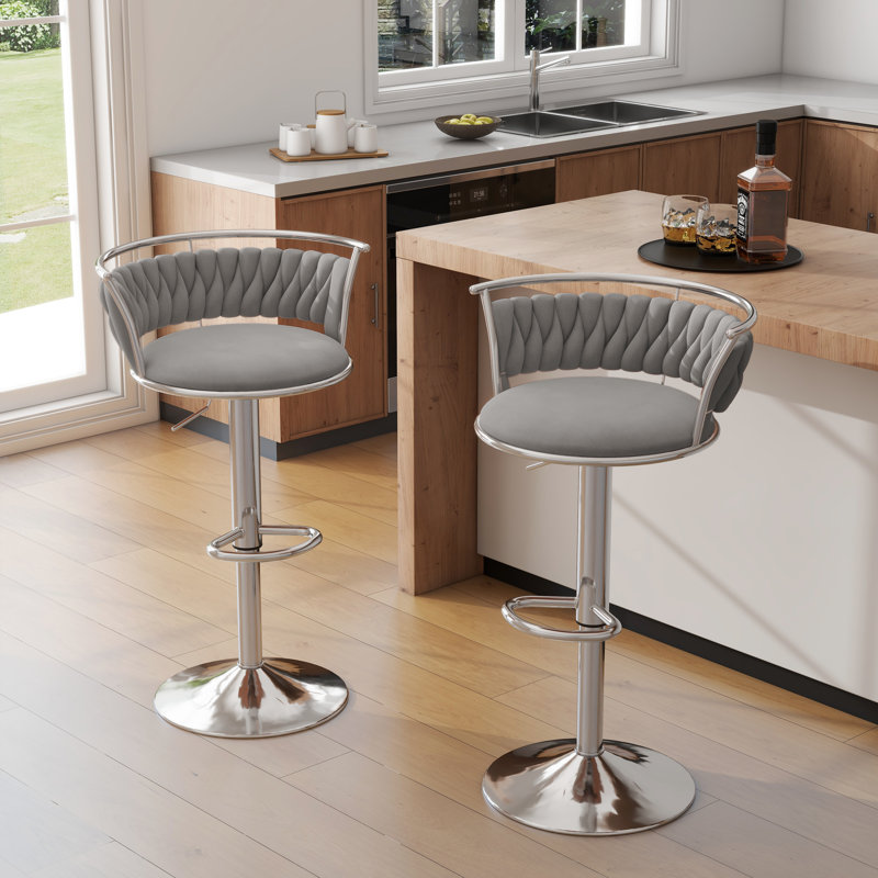 Ginko Modern Swivel Bar Stool with Backrest, Adjustable Height Kitchen Island Stool with Upholstered Seat and Footrest,, Gray