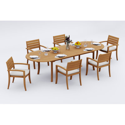 7 Pcs Grade-A Teak Wood Dining Set: 118" Double Extension Oval Table And 6 Travota Stacking Arm Chairs #11TV2606