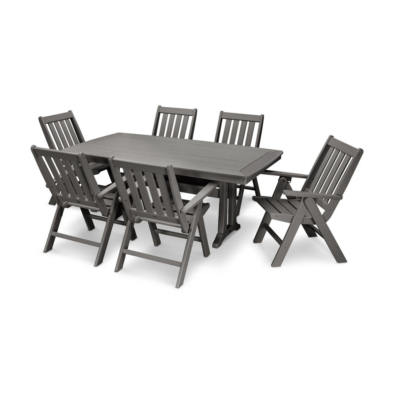 POLYWOOD Vineyard Folding Chair 7-Piece Dining Set with Trestle Legs, Slate Gray