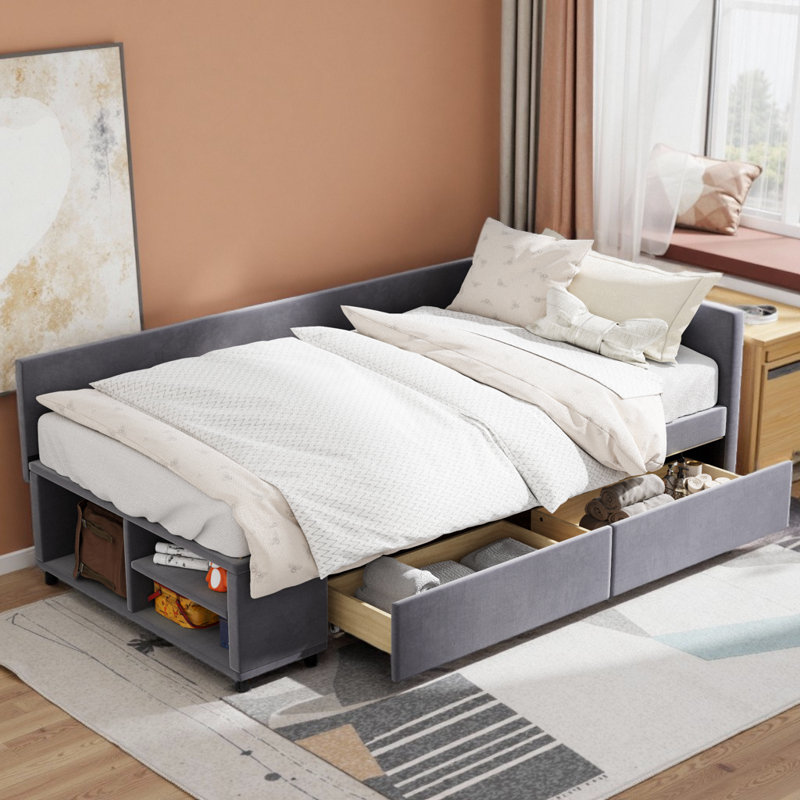 Lit de jour rembourré en velours avec rangement intelligent, Gris