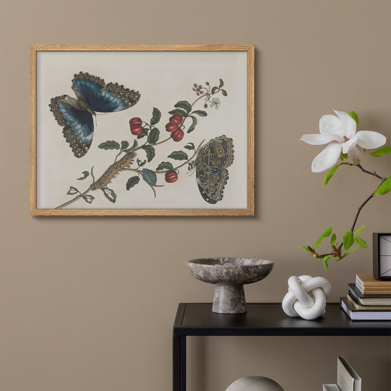 "Papillon chenille sur des branches de fruits, art encadré, affiches, salle de bain, petit art mural", Naturel