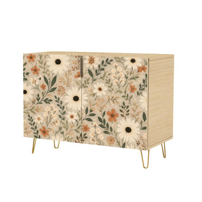 Sideboard Buffet Cabinet with Storage Rustic Wildflower Design Beige Orange Floral with 2 Doors for Living Room and Kitchen