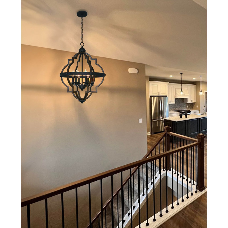 Estefanita 6 - Light Dimmable Geometric Chandelier, Textured Black Accents/Walnut Style Finish