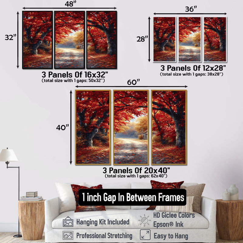 Red Autumn Road Coming Home - Ensemble d'art mural arbre, Cadre flottant noir, H 32 po x l 48 po x P 1 po