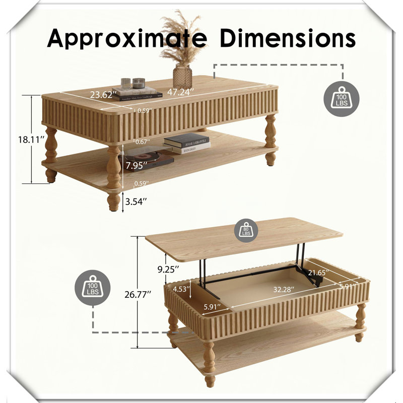 Table basse cannelée avec rangement, Bois naturel
