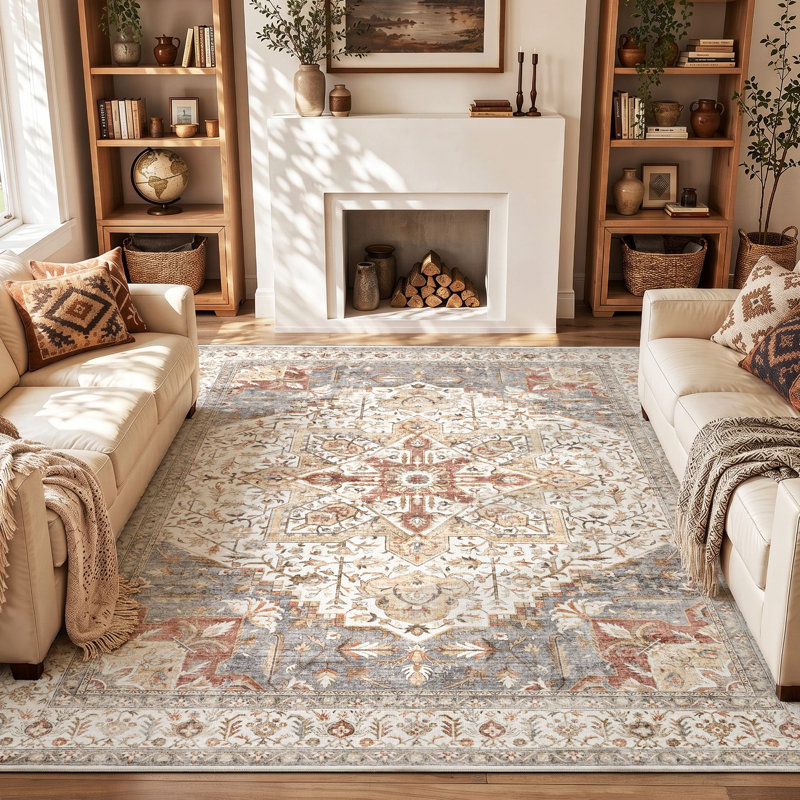     Adona Soft Washable Medallion Vintage Floral Area Rug for Living Room Bedroom Dining Room Lobby, Beige;Orange