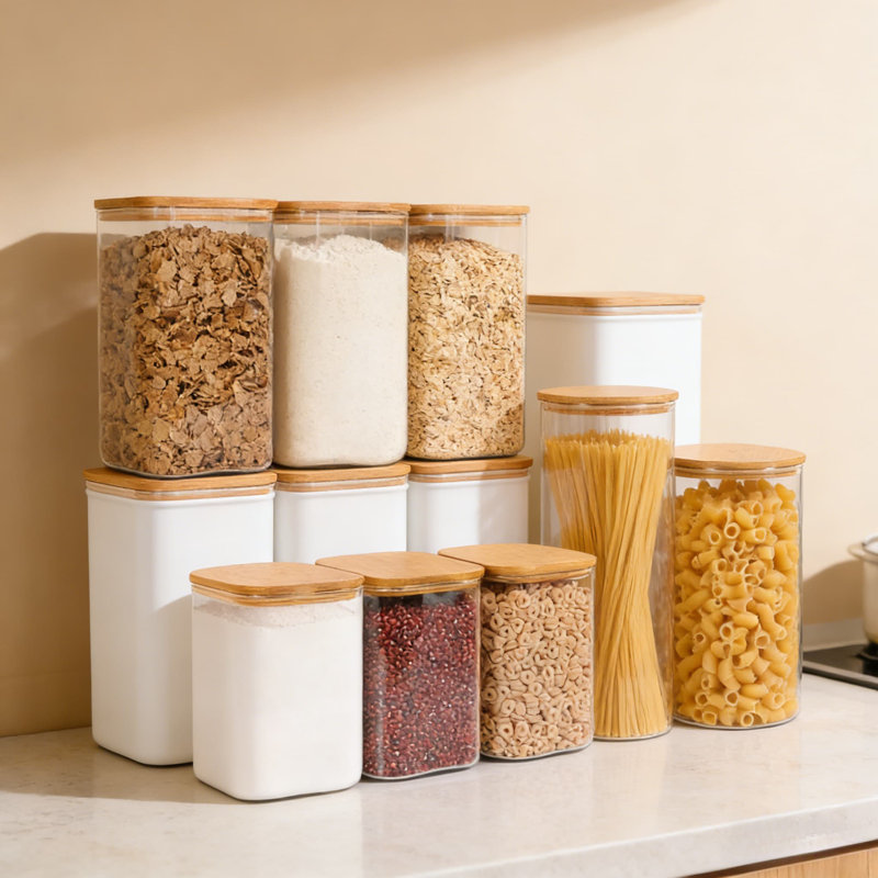 Airtight Glass Food Storage Containers With Bamboo Lids, 4.6 Quart Large Square Jars For Flour, Sugar, Rice, Pasta, Oats, Coffee, And Pantry Organization
