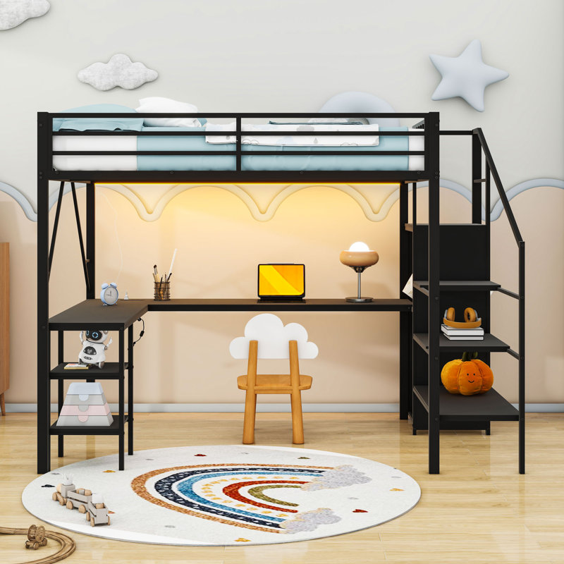 Loft Bed With Desk, Storage Staircase, And USB/LED Features, Full