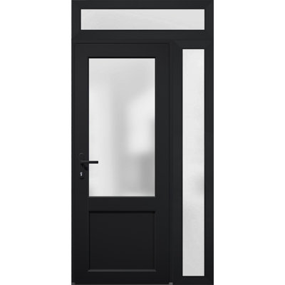 Front Exterior Prehung uPVC Metal-Plastic Door Frosted Glass Manux 8422 Matte Black Side and Top Exterior Window Office Commercial and Residential Doors Entrance Patio Garage-W36+16 x H80+14-Right-hand Inswing