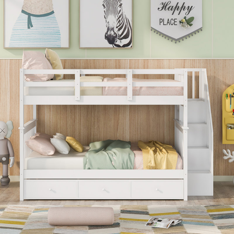 Lit superposé double au-dessus de double, bois massif avec rangement pour la chambre à coucher