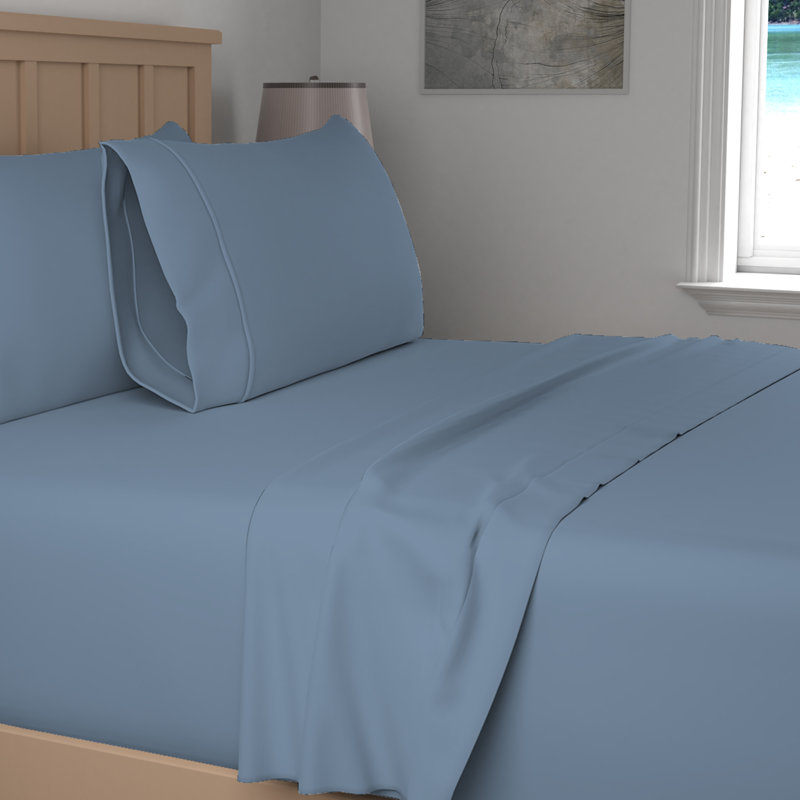 Twin Blue Cotton Percale Flat Sheet Set