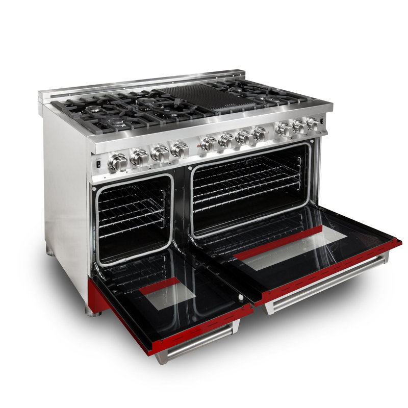 ZLINE 48" Legacy Dual Fuel Range w/ 7 Burner Gas Cooktop and 2 Electric Ovens, Red Matte Stainless Steel