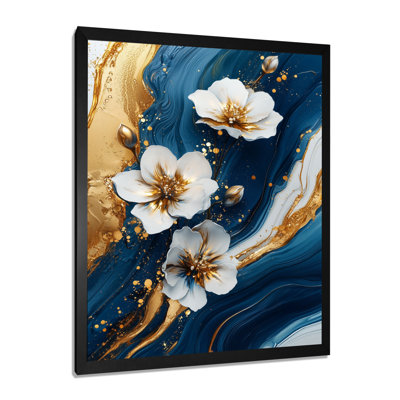 Golden Petunias Flowers On Aqua River Of Marble II - Floral Canvas Prints