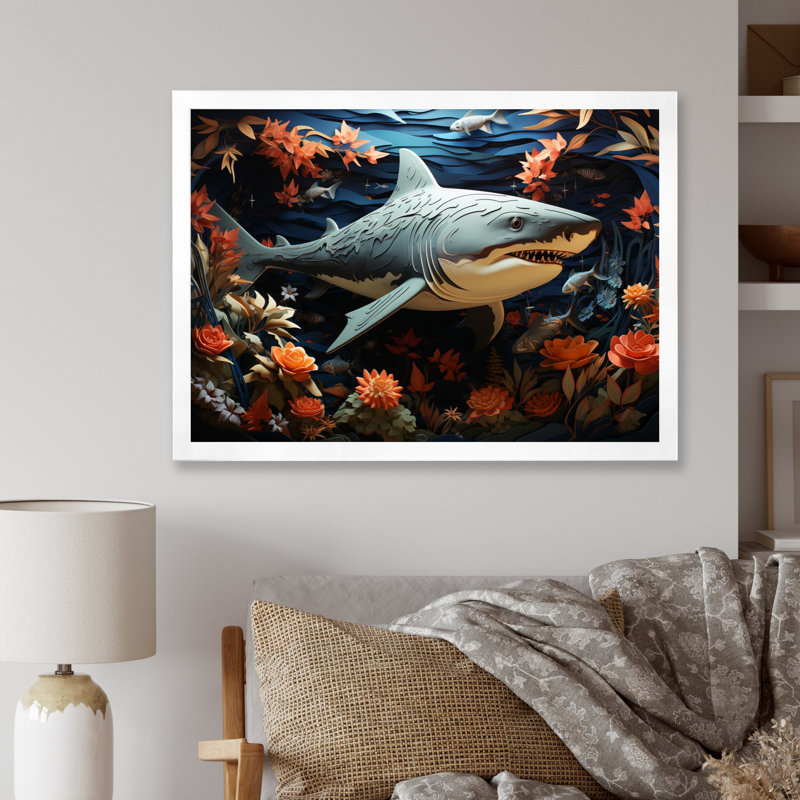 " Blue Shark Silent Hunter Papercut ", 24" H x 32" W x 1" D, White Single Picture Framed