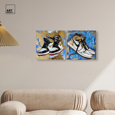 Gold Sky Sneakers Set Canvas Print Urban Sneaker Wall Art Set by Art Remedy, Gallery Wrapped, 12 x 12