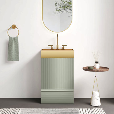20" Striped Bathroom Vanity With Integrated Brushed Gold Metal Vessel Bathroom Sink, Freestanding Bathroom Cabinet For Modern Bathroom, One-Piece Gold Metal Basin Without Faucet