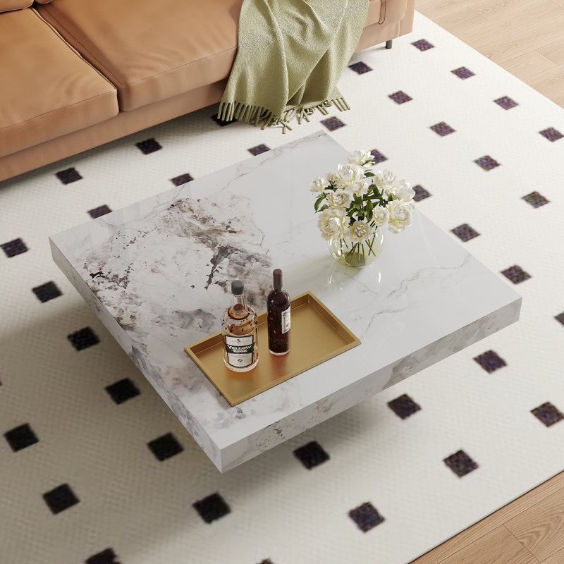 42'' Modern Square Coffee Table, Luxurious Marble Coffee Table with Stainless Steel Legs and Tray, Gold