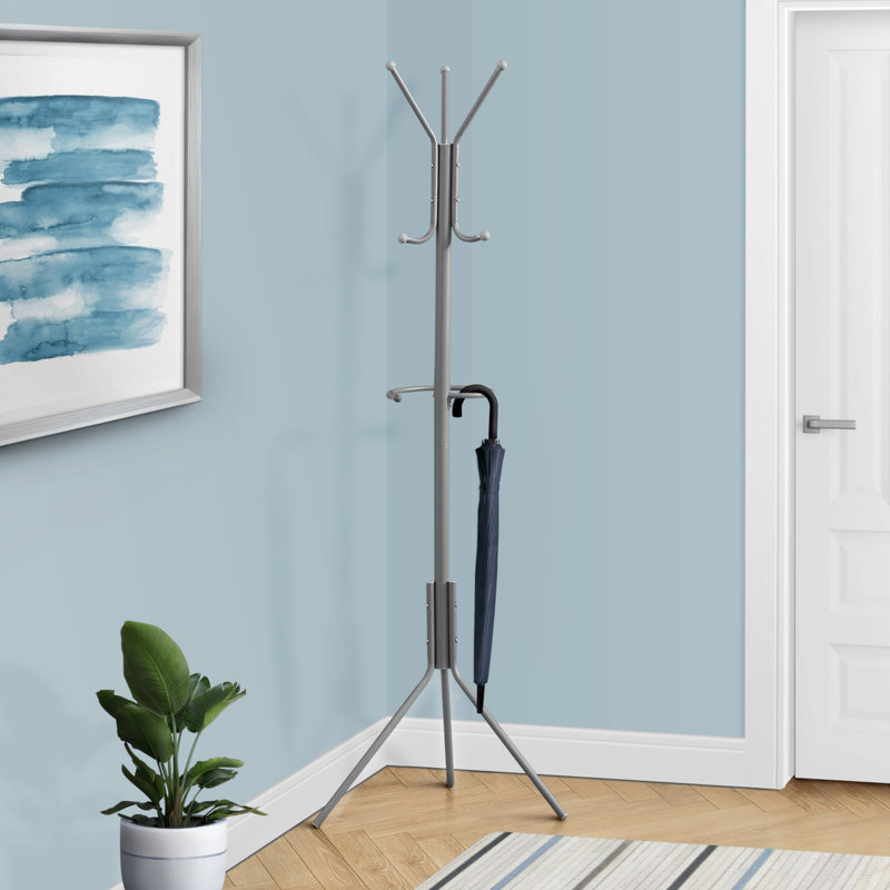 Portemanteau autoportant contemporain en métal gris avec 6 crochets et porte-parapluies pour l'entrée, la chambre à coucher et le bureau