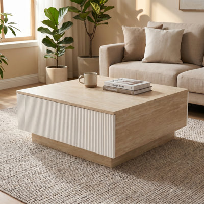 33.5" Beige Stone Coffee Table with 2 Matte Paint Storage Drawers, Modern Faux Travertine style
