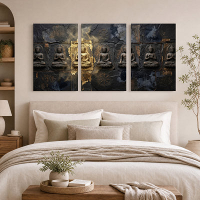 Golden Buddha Statue on Dark Stone Set Of 3 Canvas Wall Art
