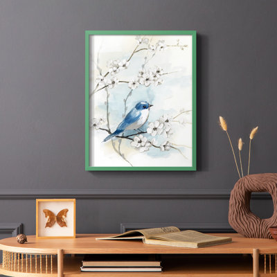 «Blossoms and Bluebird I», reproduction encadrée - bois massif