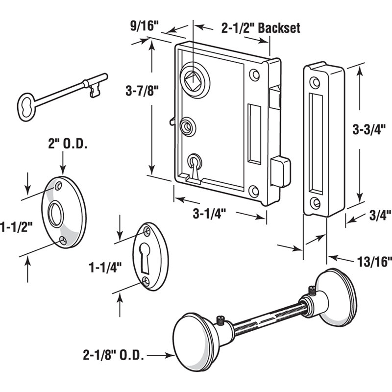 Prime-Line Vertical Trim Vintage Lock Set  Cast Steel Construction, Brass Plated Knobs, Antique Skeleton Key Locking System  2-1/2 in. Backset, Surface Mounted on Right-Hand Swing-In Interior Doors (1 Set)