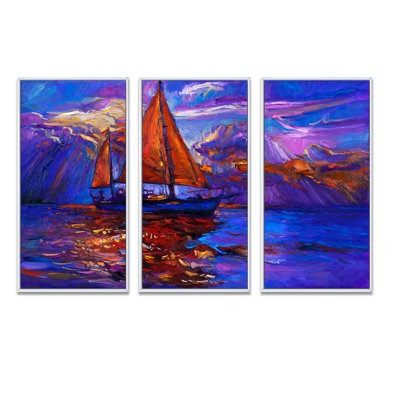 Voilier sur un coucher de soleil mauve - encadré nautique et côtier - impression de 3 pièces