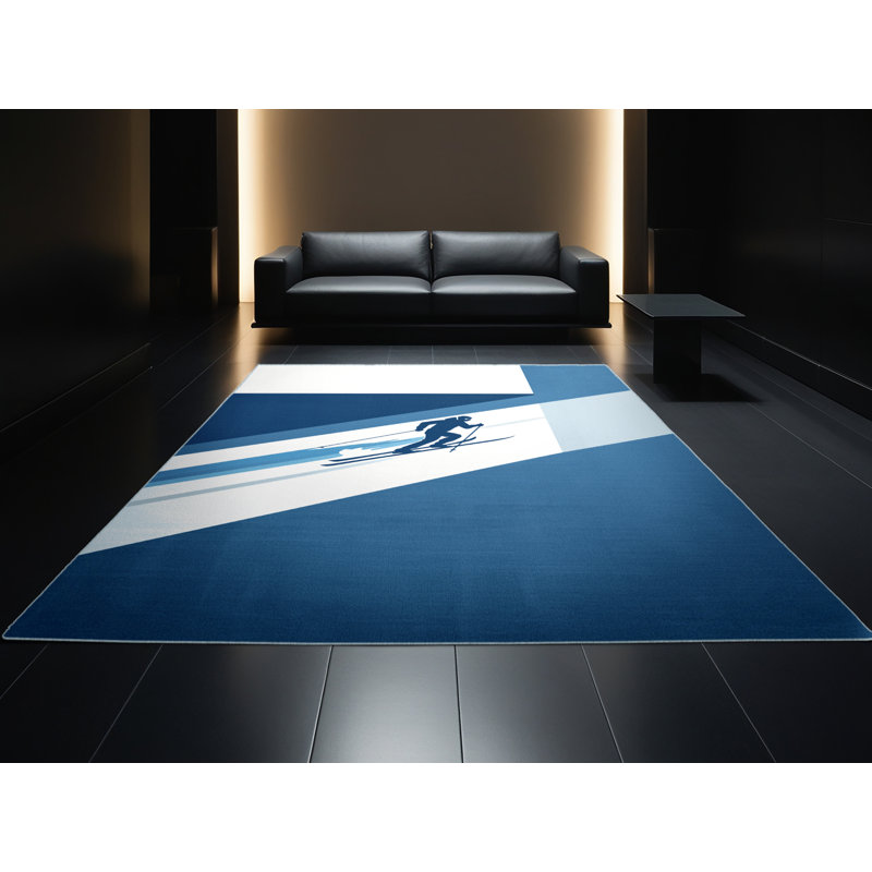 Machine Washable Hubbard Cross Country Skiing Minimalist Rug in Gray – SkyBlue Binding, 2x3