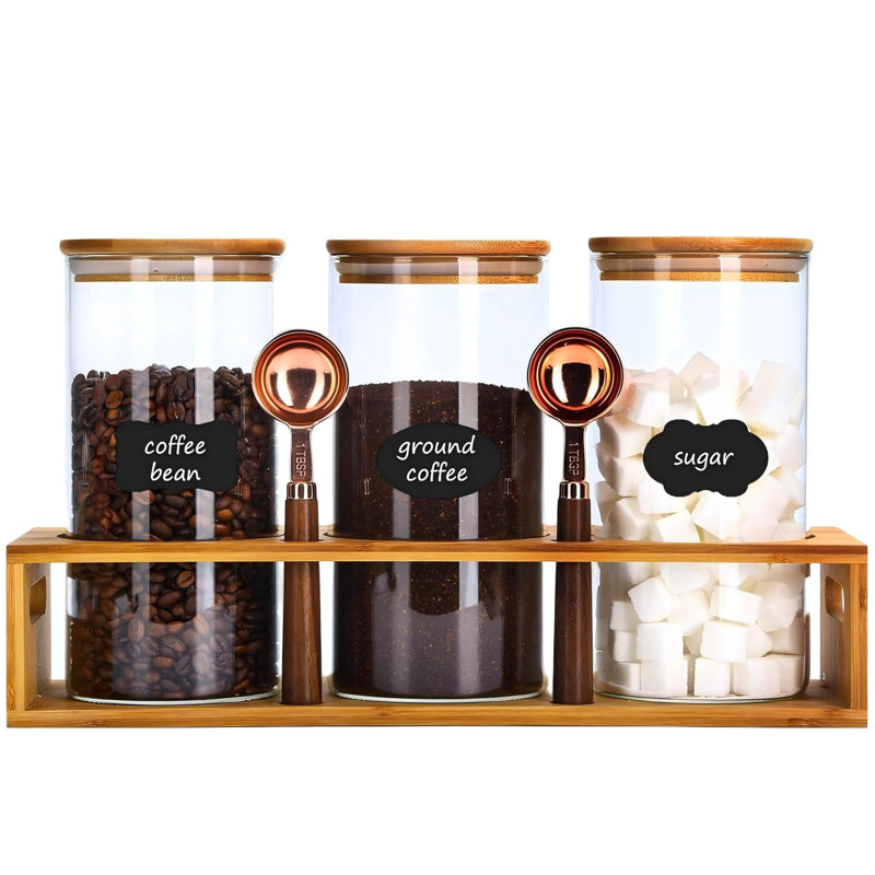 Boîtes de rangement en verre pour café à grains de café avec tablette, 3 pièces, brun