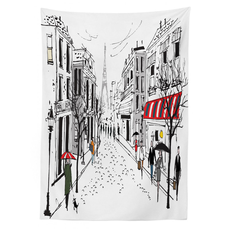 Ambesonne Paris Tablecloth, Old French Pedestrians Stores Trees And The Silhouette Of Eifffel Urban Illustration, Rectangular Table Cover For Dining Room Kitchen Decor, 52" X 70", Multicolor