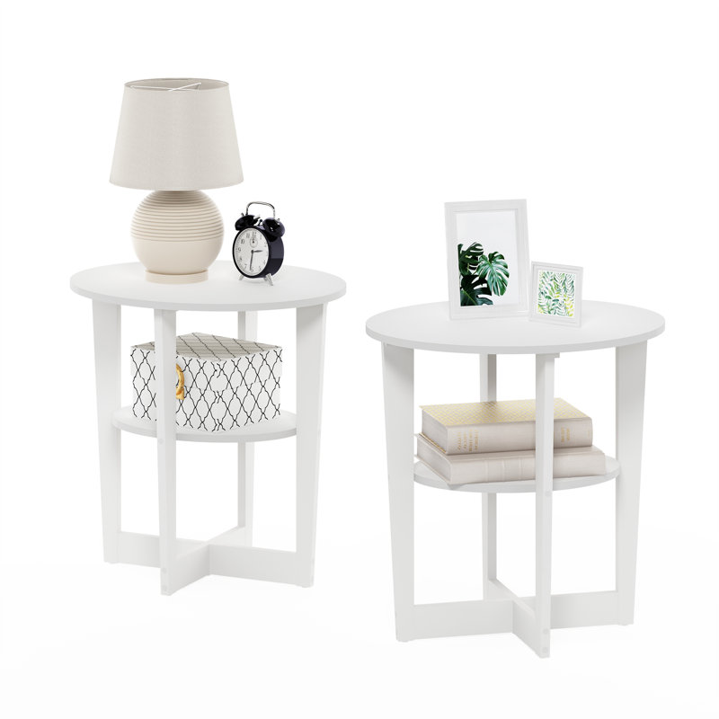 Cross Legs Oval End Table Set with Storage, White, White