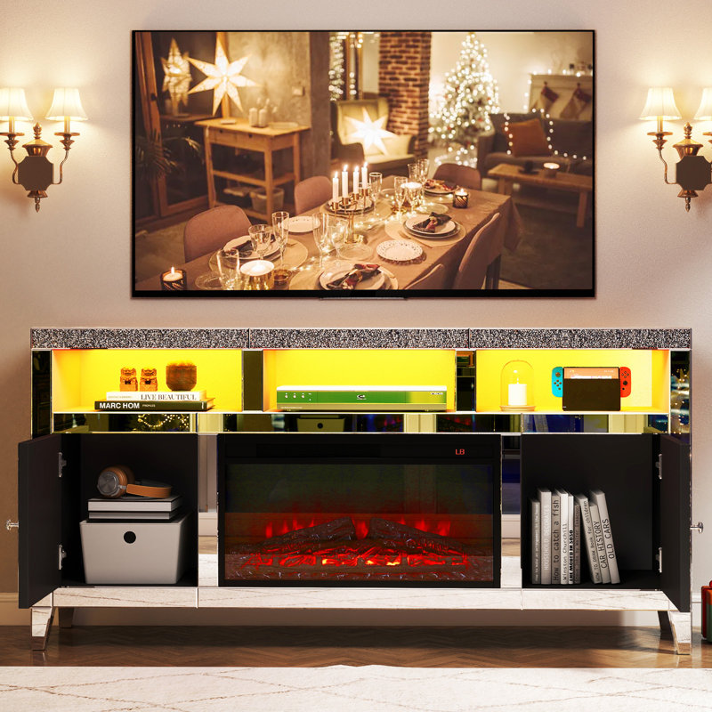 Extra Tall Mirrored Tv Stand With Fireplace, Fashion Silver Tv Stands Entertainment Center With 2 Storage Cabinets
