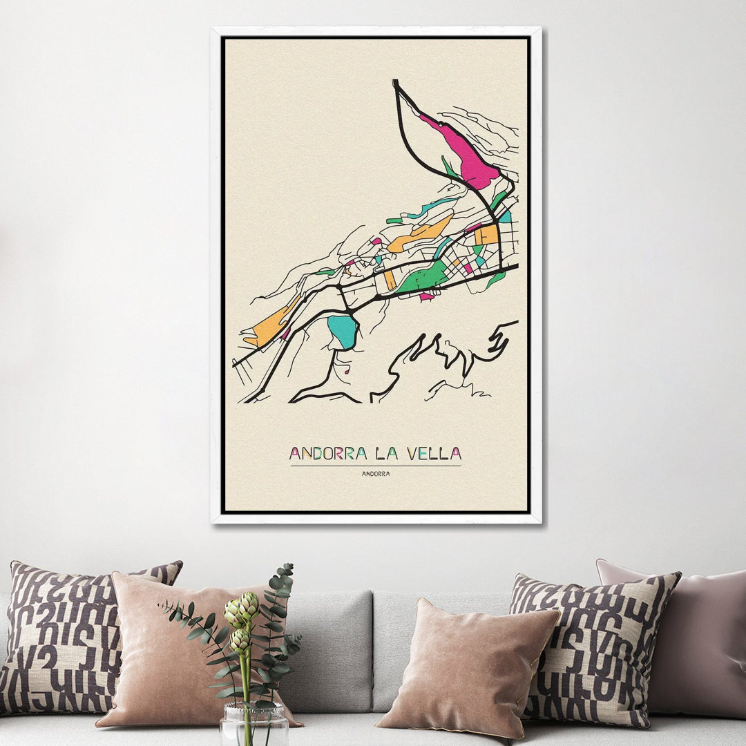 Andorra La Vella, Andorra Map by Ayse Deniz Akerman - Print on Canvas