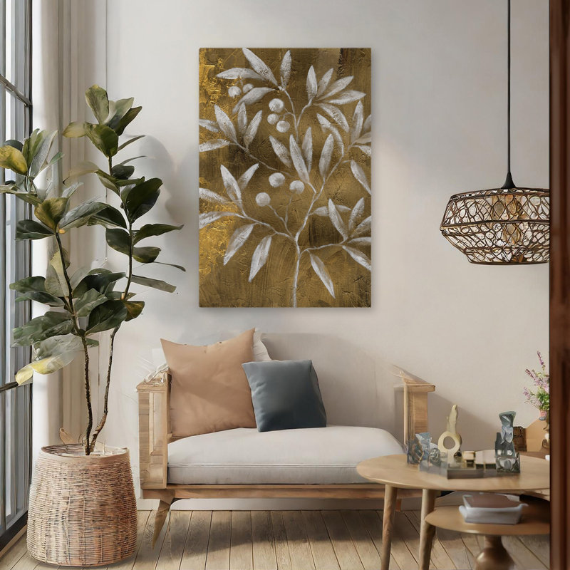 Touche d'or - Art contemporain avec feuilles et baies, H 48 po x l 32 po