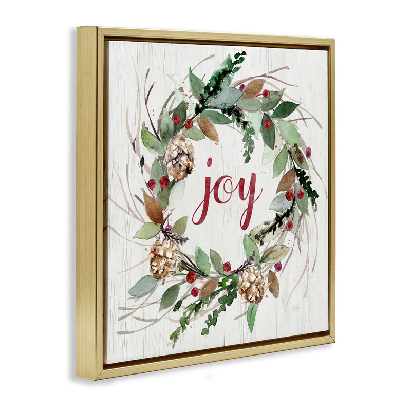 Joy, couronne saisonnière, estampe numérique par Stella Chang, Cadre flottant métallique doré, H 25 po x l 25 po