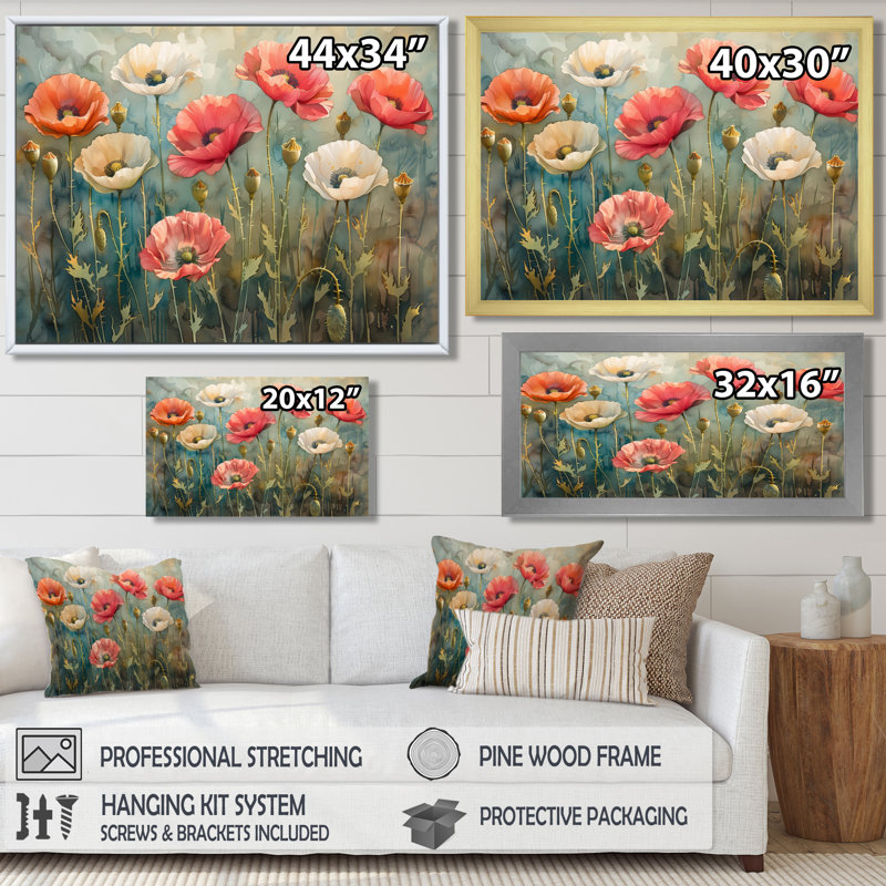 Fleurs de coquelicots roses et blanches Garden Party - coquelicots, salon d'art mural, Toile tendue, H 30 po x l 40 po
