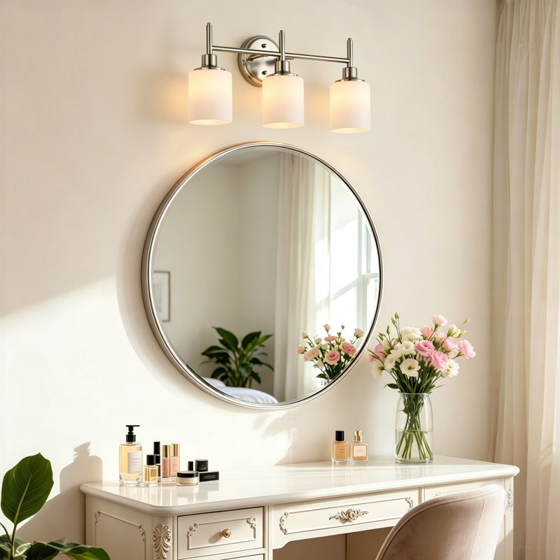 3-Light Brushed Nickel Contemporary Vanity Light with White Glass Shades, Dimmable, Hardwired, Damp Rated, 2 Finish Options