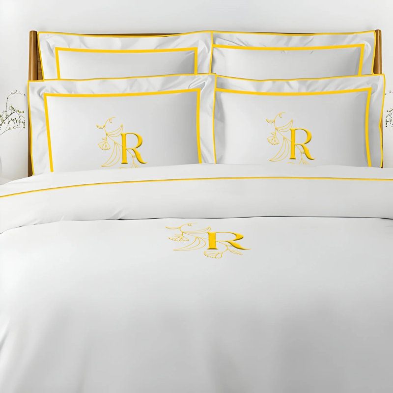 Monogram Embroidery & Border Cotton Sateen Solid Duvet Cover Set, King Duvet Cover, Yes