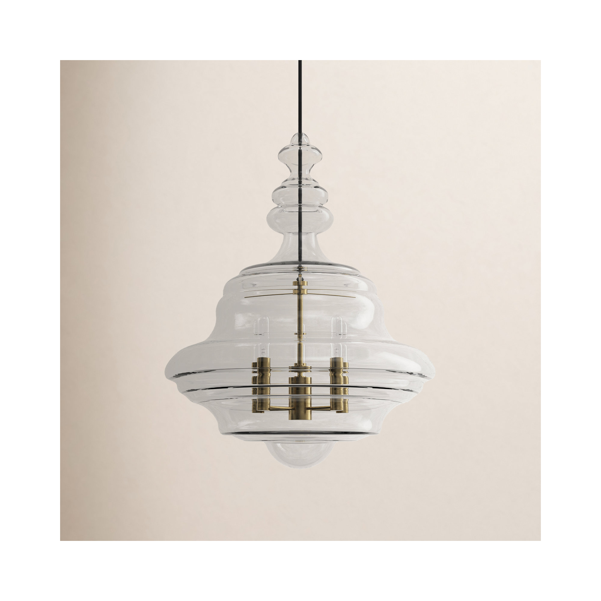 5 Light Glass Pendant, Aged Brass