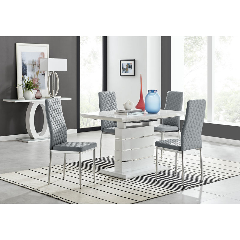 Renne Modern High Gloss Extendable Dining Table Set With 4 Quilted Faux Leather Dining Chairs, Grey/Silver