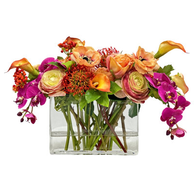 Roses And Orchids In Rectangular Glass