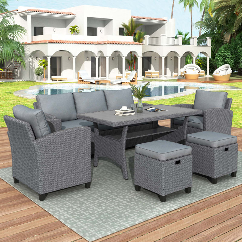 Canapé, chaise, tabourets et table d'extérieur en rotin et osier 6 pièces Topmax, Coussin gris / cadre gris