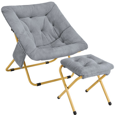 Fauteuil Comfy, chaise longue pliable avec repose-pieds, chaise de lecture en fausse fourrure douce pour les adultes, chaise paresseuse pliante / fauteuil lune pour salon, chambre à coucher, dortoirs, très grand gris