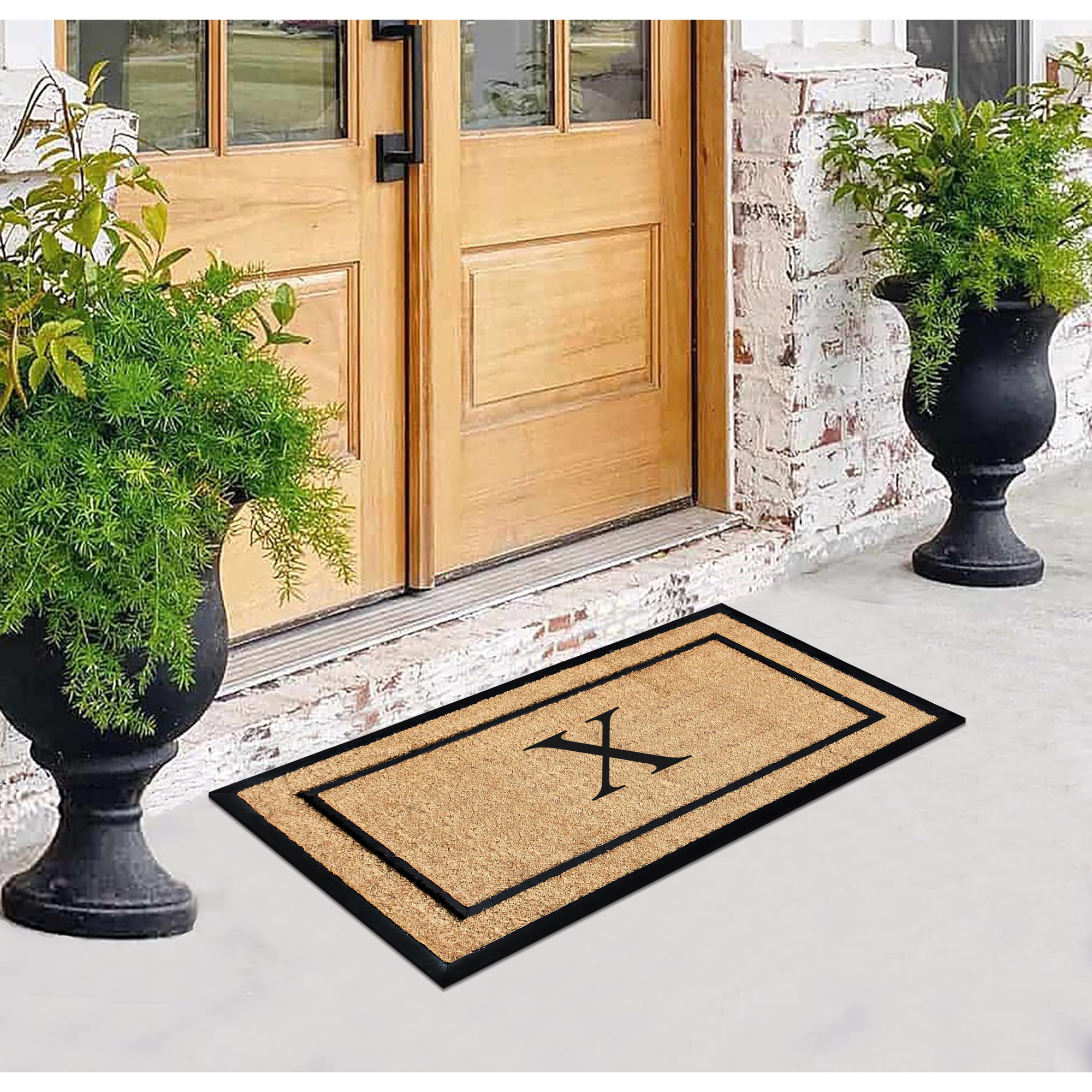 Danielian Rubber Coir Classic Border Monogrammed Doormat  24" x 48" Non-Slip Outdoor Door Mat, X