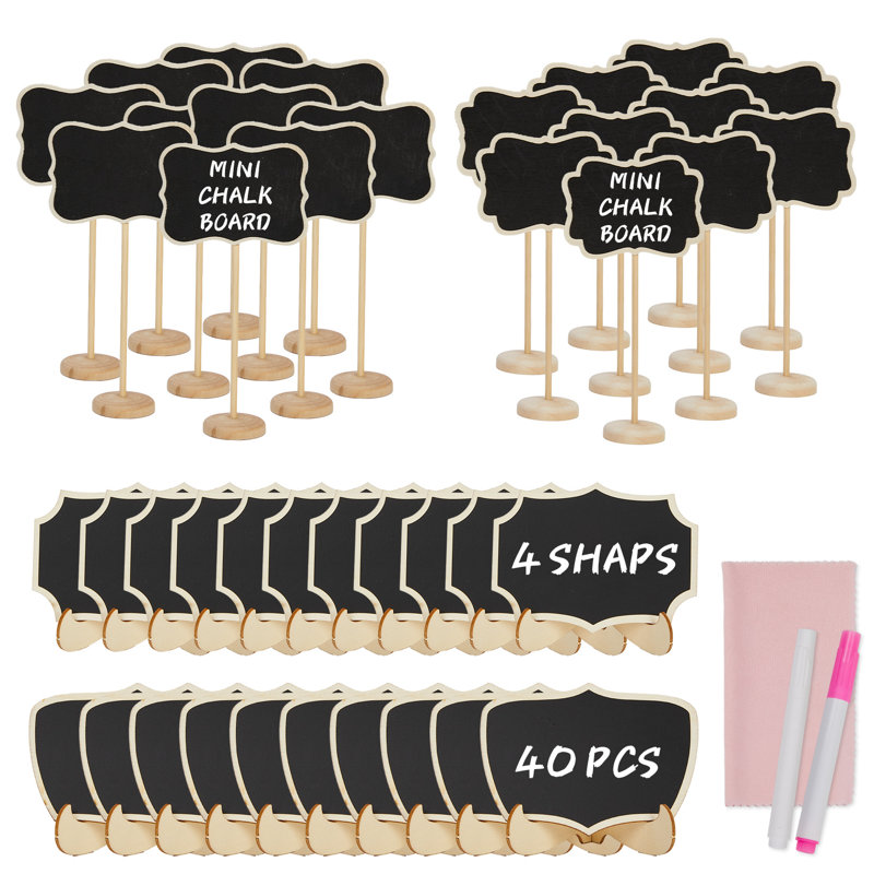 Paquet de 40 mini-panneaux en bois avec supports, étiquettes de table réutilisables en forme de couronne et de Polygone, ensemble complet avec marqueur et chiffon de nettoyage pour les buffets de mariage, décoration de fête, maison et bureau