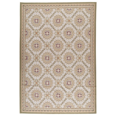 One-of-a-Kind High-Quality Hand-Knotted Area Rug in Tan/White/Pink/Green