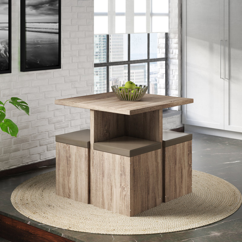 Badillo 4-Person Trestle Dining Set with Storage Stools, Brown