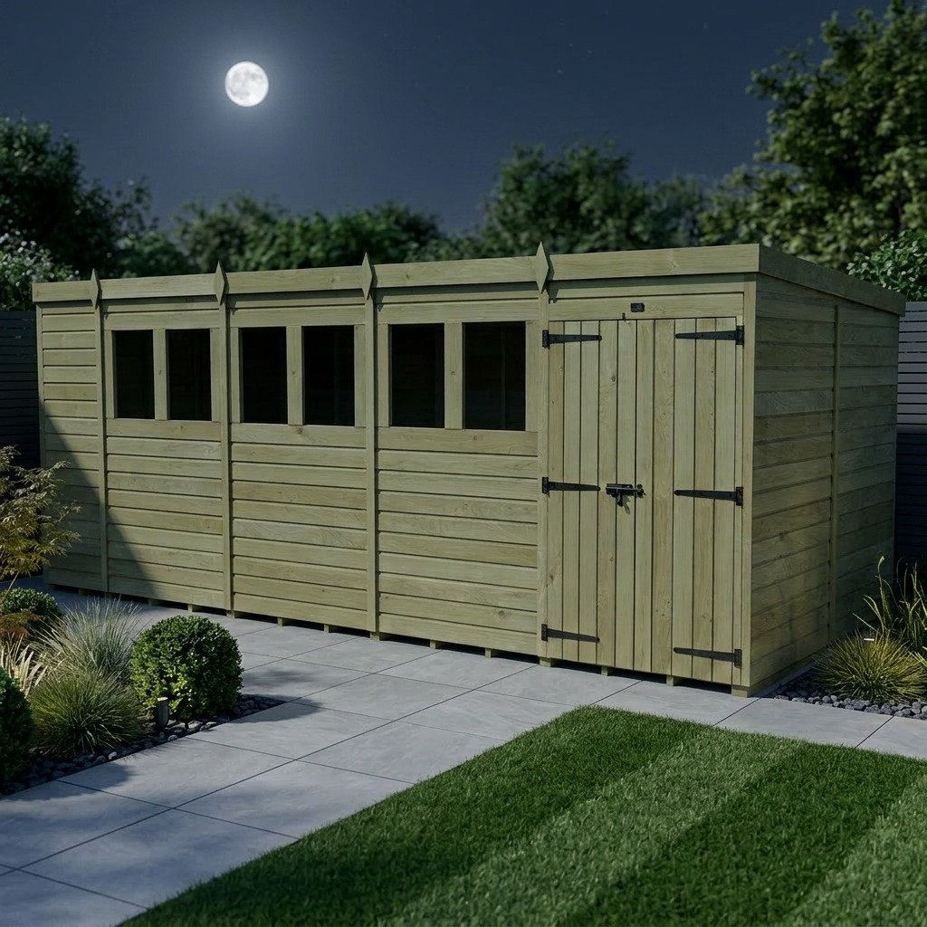 Total Sheds 19ft x 7ft Pent Garden Shed - Double Door - With Windows - Pressure Treated Timber - UK Manufactured