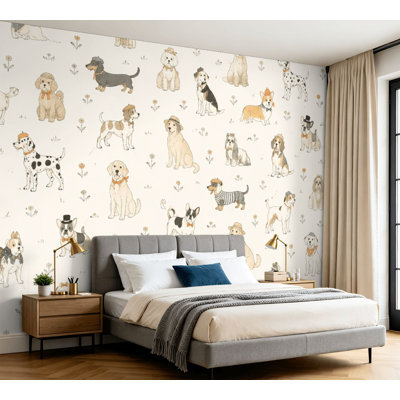 Wall Mural Peel and Stick Wallpaper Cute Illustrations Various Dog Breeds Playful Outfits Neutral Self-Adhesive Removable Contact Paper Wall Decor for Living Room Bedroom 100"H x 144"W